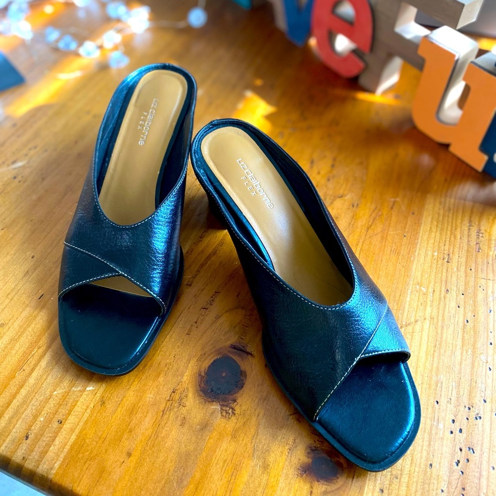 Vintage Black Leather Open Toe Mules size 6.5